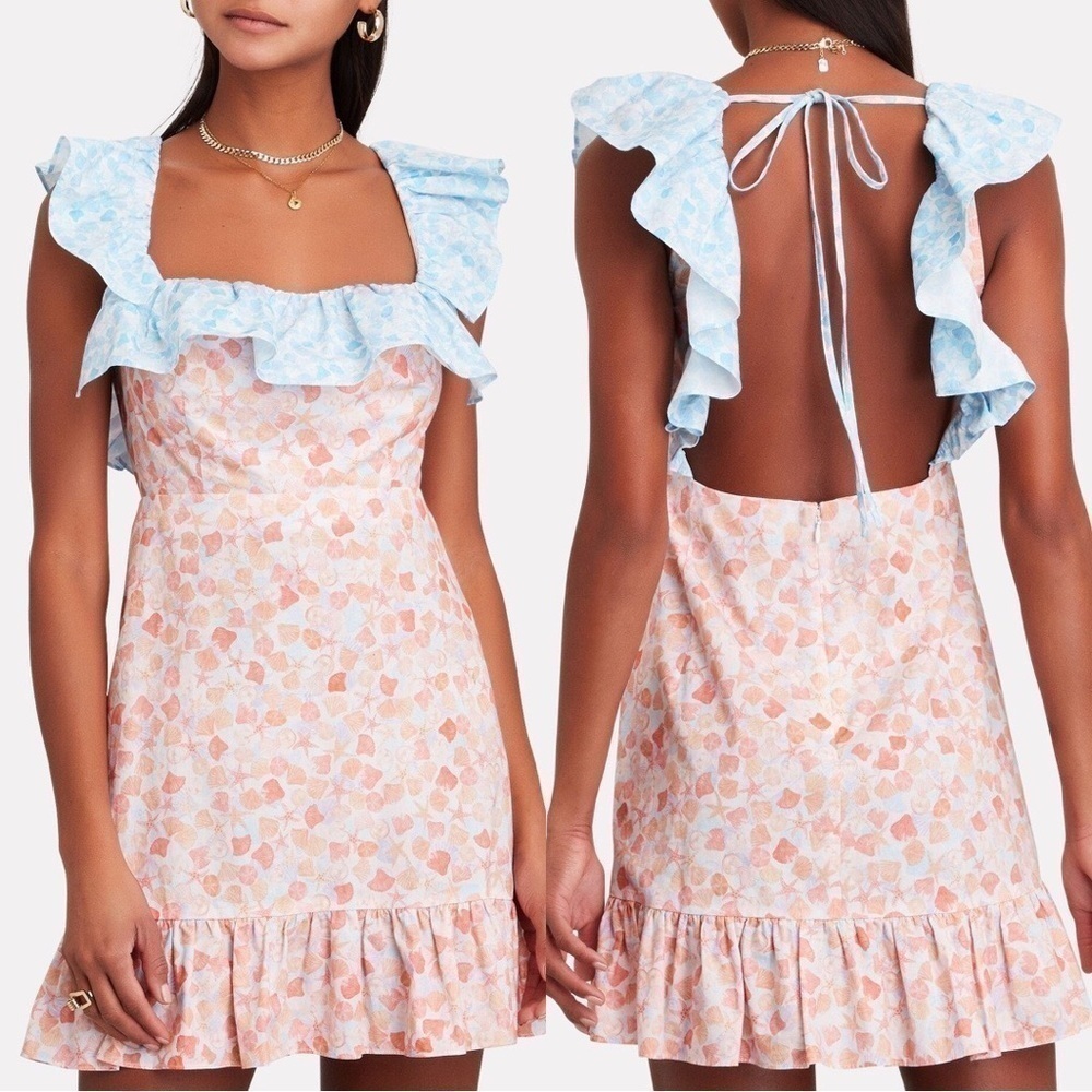 NWT RIXO Kai Abstract Print Ruffle Pastel Pink Blue Square Neck Mini Dress US 6